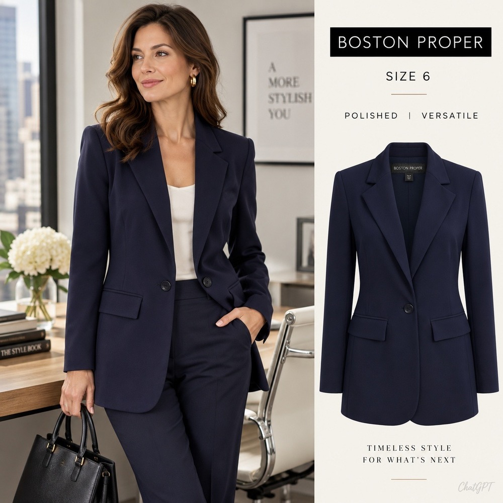Boston Proper Beyond Travel Boyfriend Blazer Jacket Women 6 Navy Blue One Button